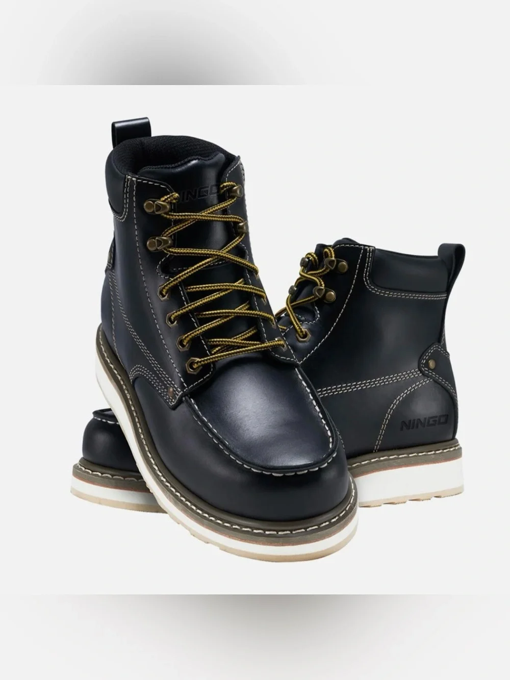 NINGO Men’s Moc Toe Safety Boots Black Leather ASTM Slip Heat Electrical NWT